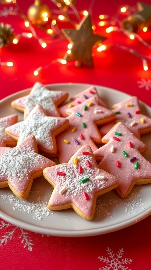 Pink Christmas Sugar Cookies Recipe A festive plate of pink Christmas sugar cookies decorated with sprinkles on a red tablecloth.